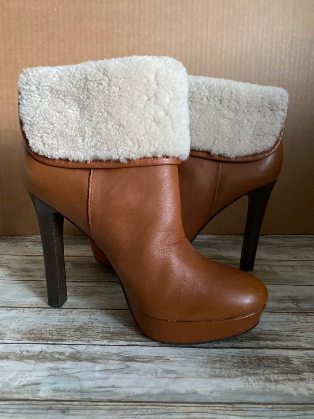 Coach Apple A7019 Leather Shearling Platform Ankle Boots Tan Size 11B
